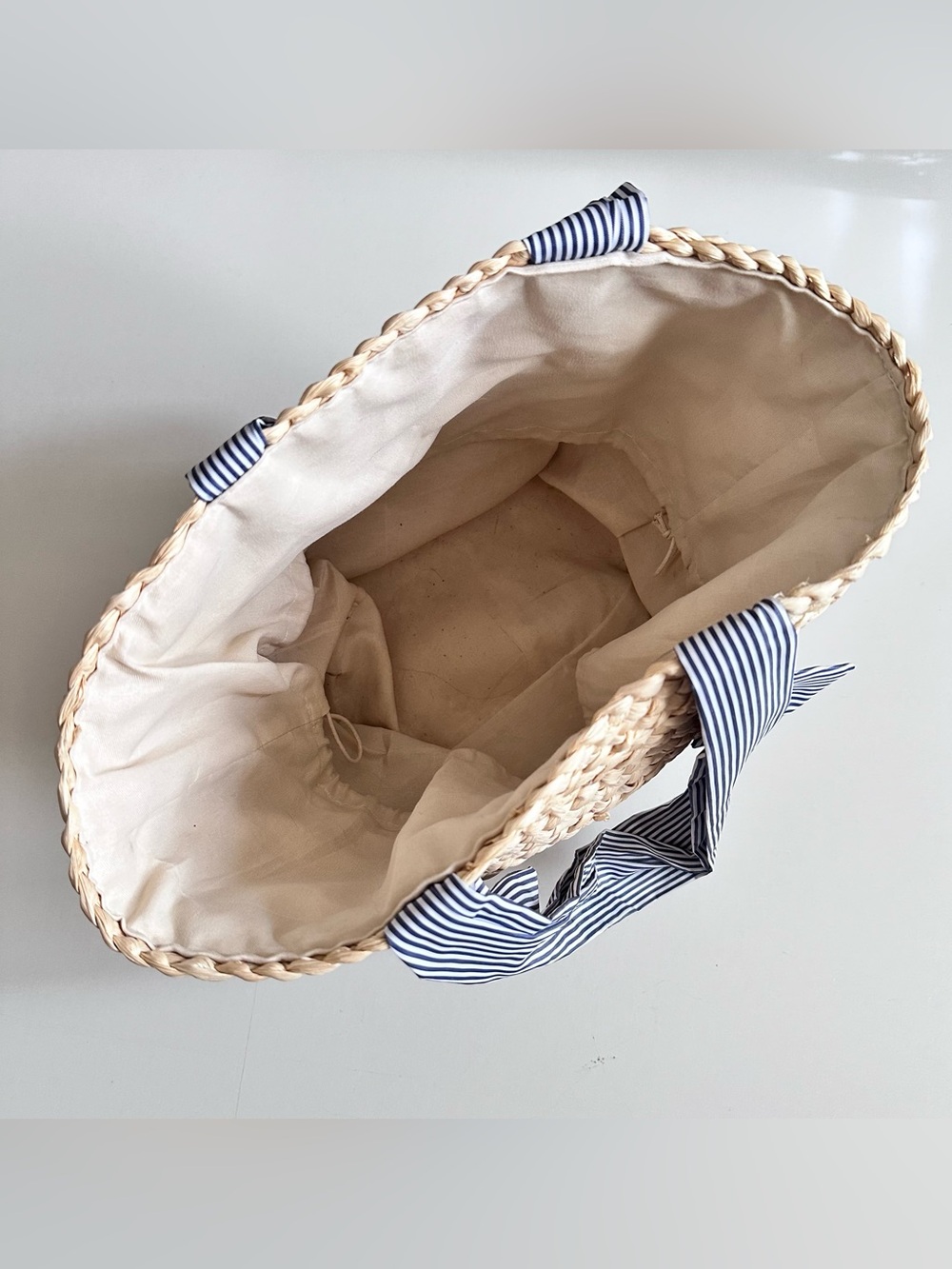 Woven Straw Tote with Navy Stripe Handles Summer Bucket Bag - Picture 2 of 4